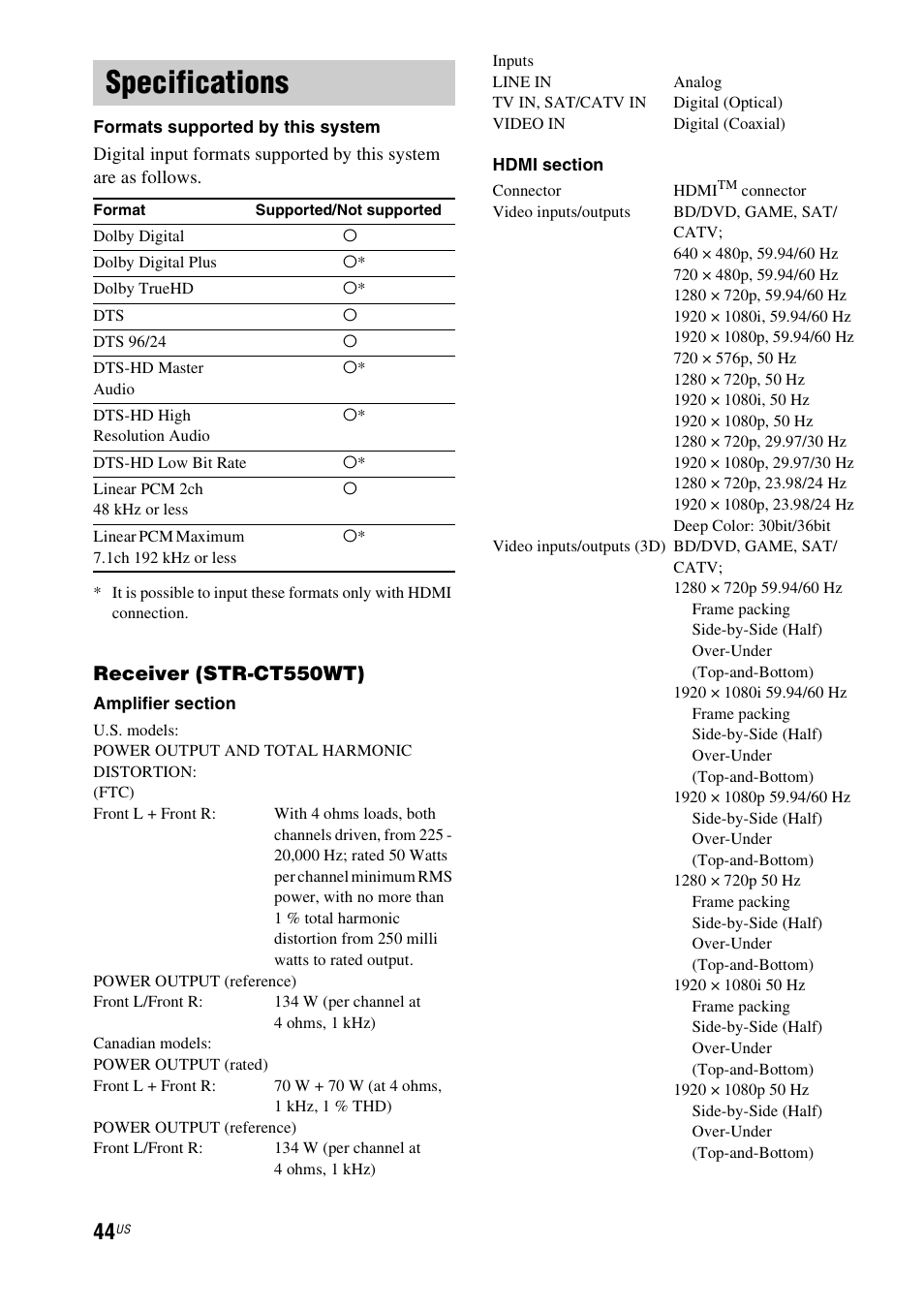 Specifications, Formats supported by this system, Receiver (str-ct550wt) | Sony HT-CT550W User Manual | Page 44 / 142