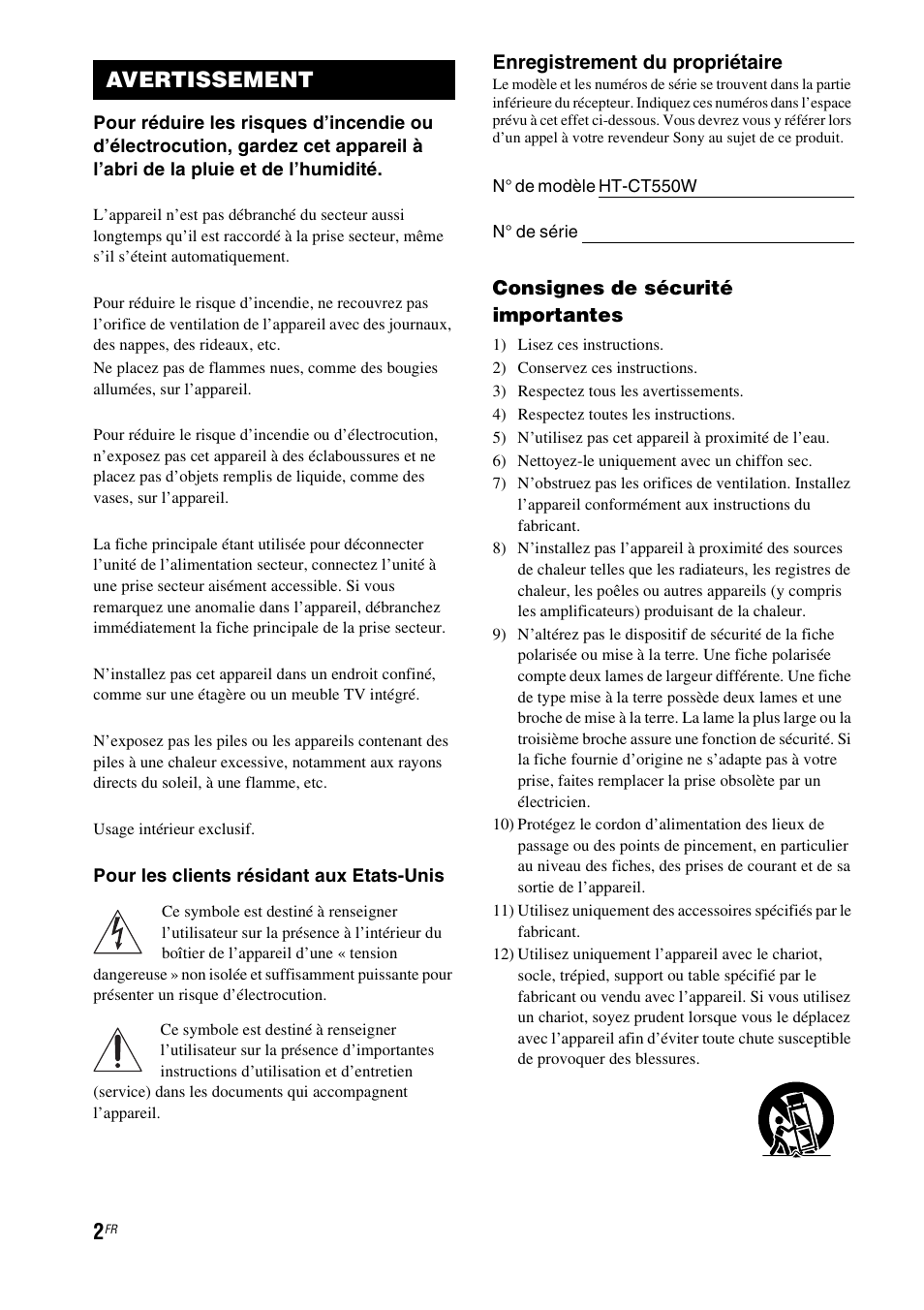 Avertissement, Enregistrement du propriétaire, Consignes de sécurité importantes | Sony HT-CT550W User Manual | Page 48 / 142