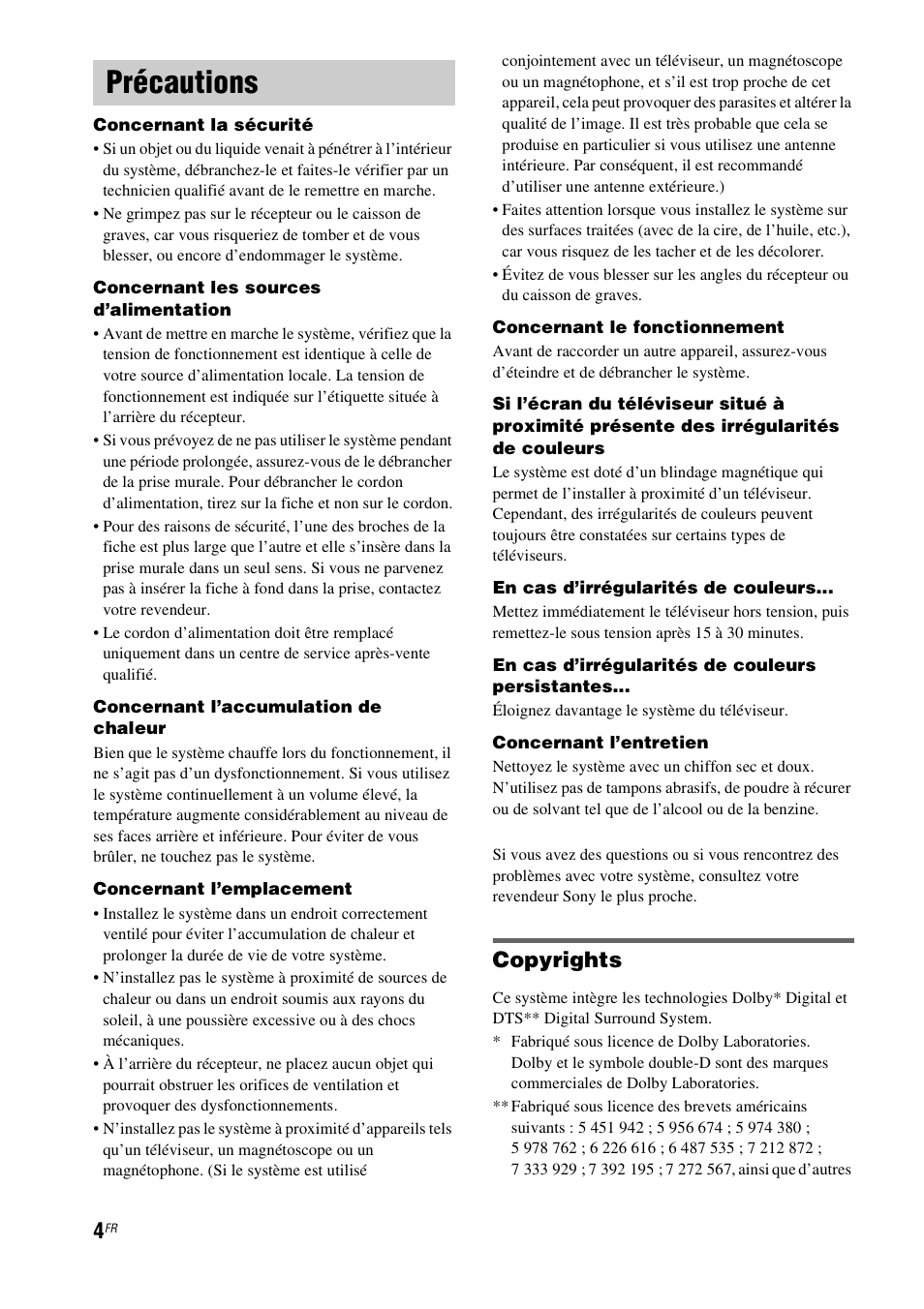 Précautions, Copyrights | Sony HT-CT550W User Manual | Page 50 / 142