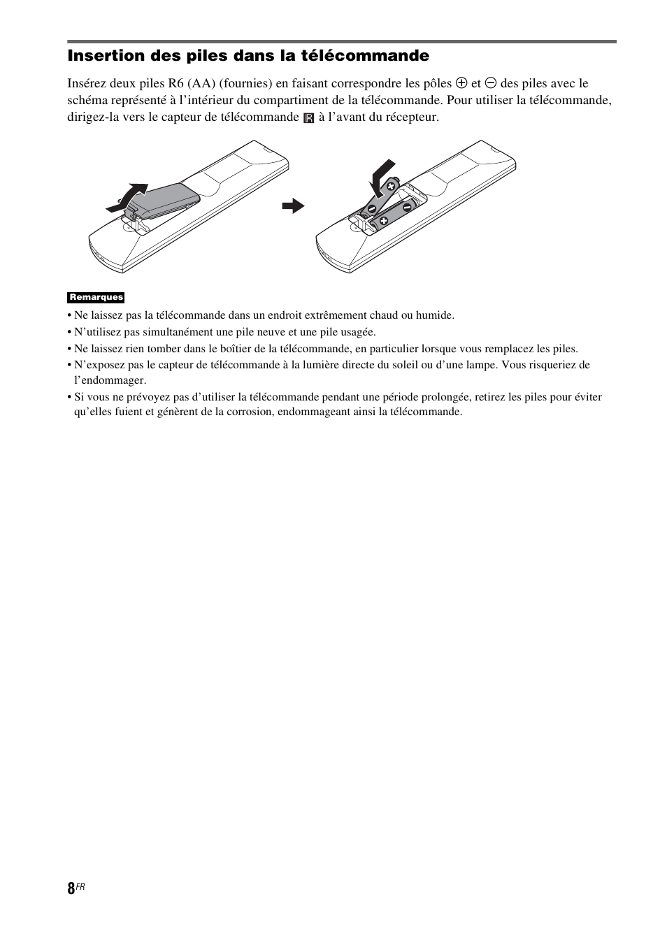 Insertion des piles dans la télécommande | Sony HT-CT550W User Manual | Page 54 / 142