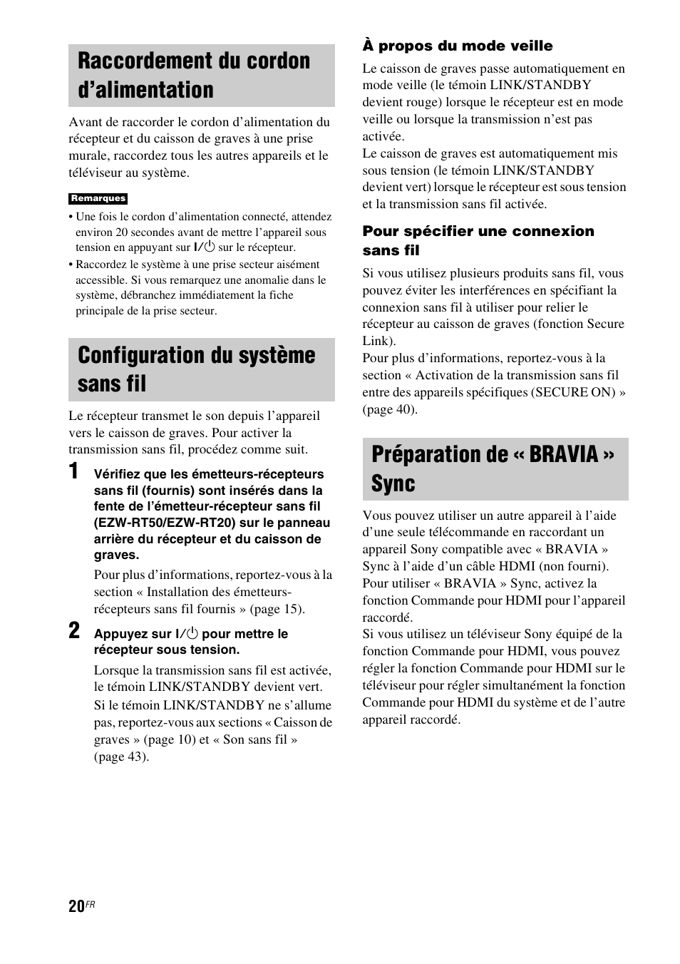 Raccordement du cordon d’alimentation, Configuration du système sans fil, Préparation de « bravia » sync | Raccordement du cordon, D’alimentation | Sony HT-CT550W User Manual | Page 66 / 142