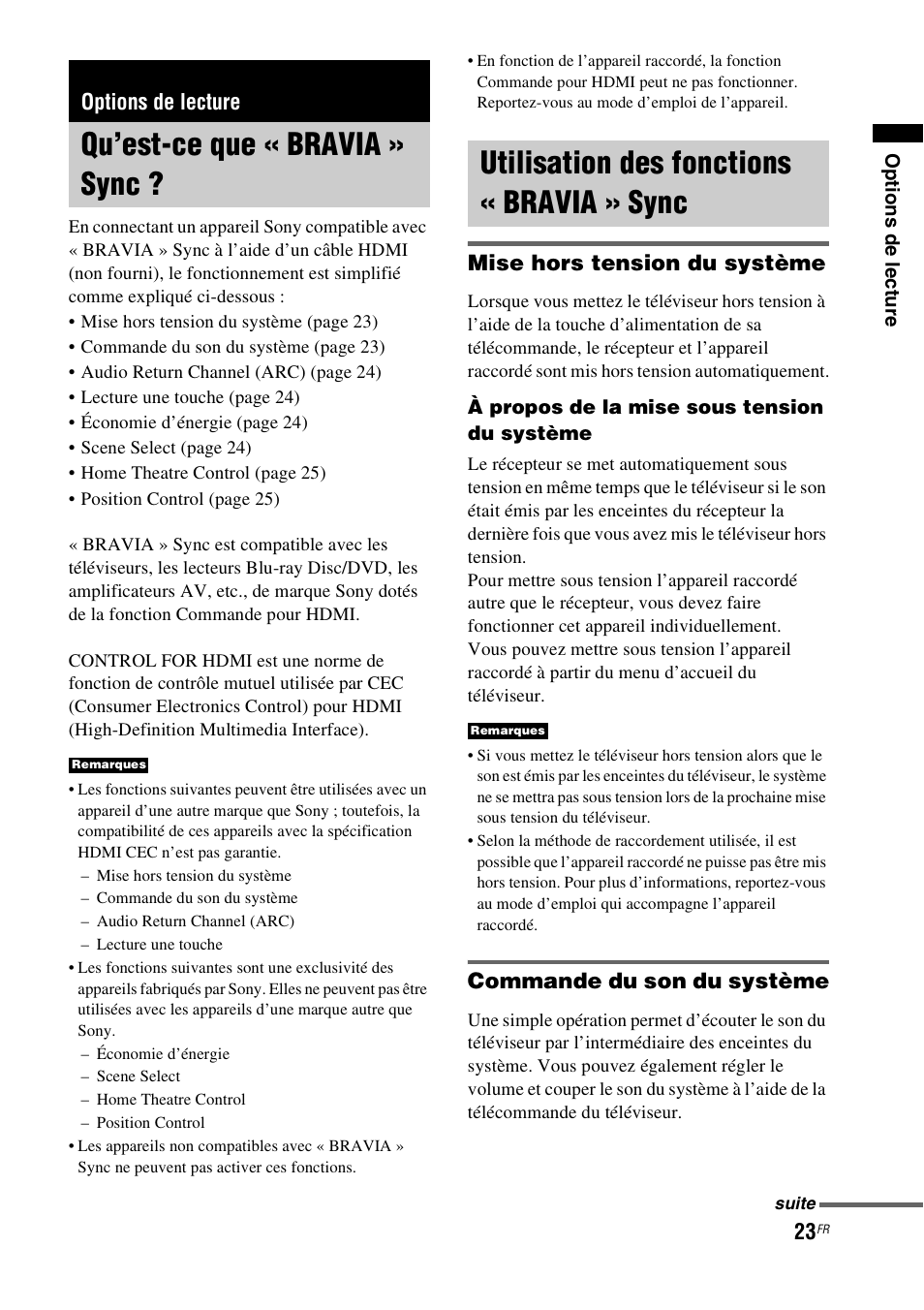 Options de lecture, Qu’est-ce que « bravia » sync, Utilisation des fonctions « bravia » sync | Bravia » sync, Mise hors tension du système, Commande du son du système | Sony HT-CT550W User Manual | Page 69 / 142