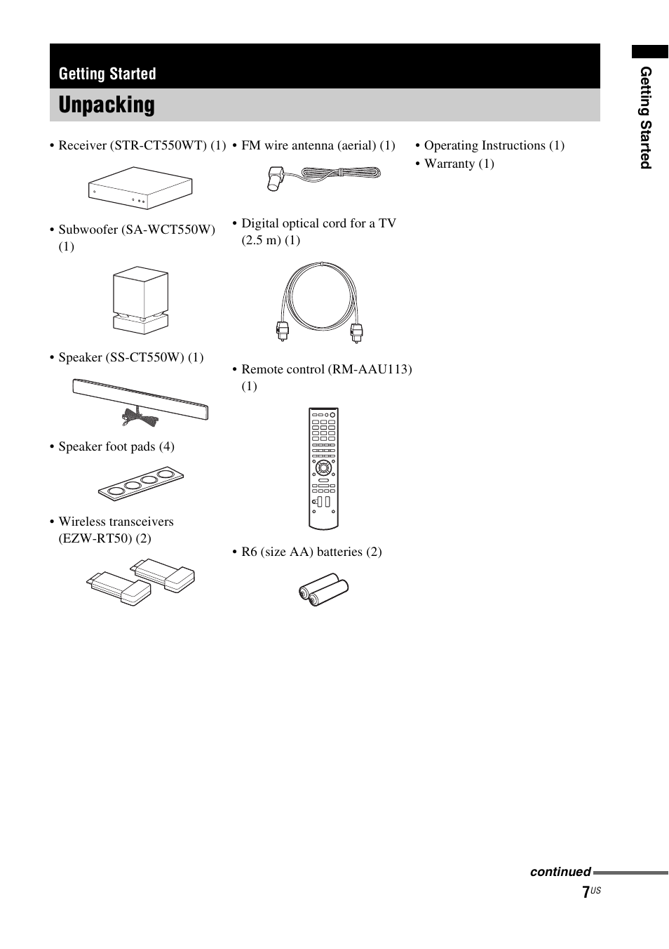 Getting started, Unpacking | Sony HT-CT550W User Manual | Page 7 / 142