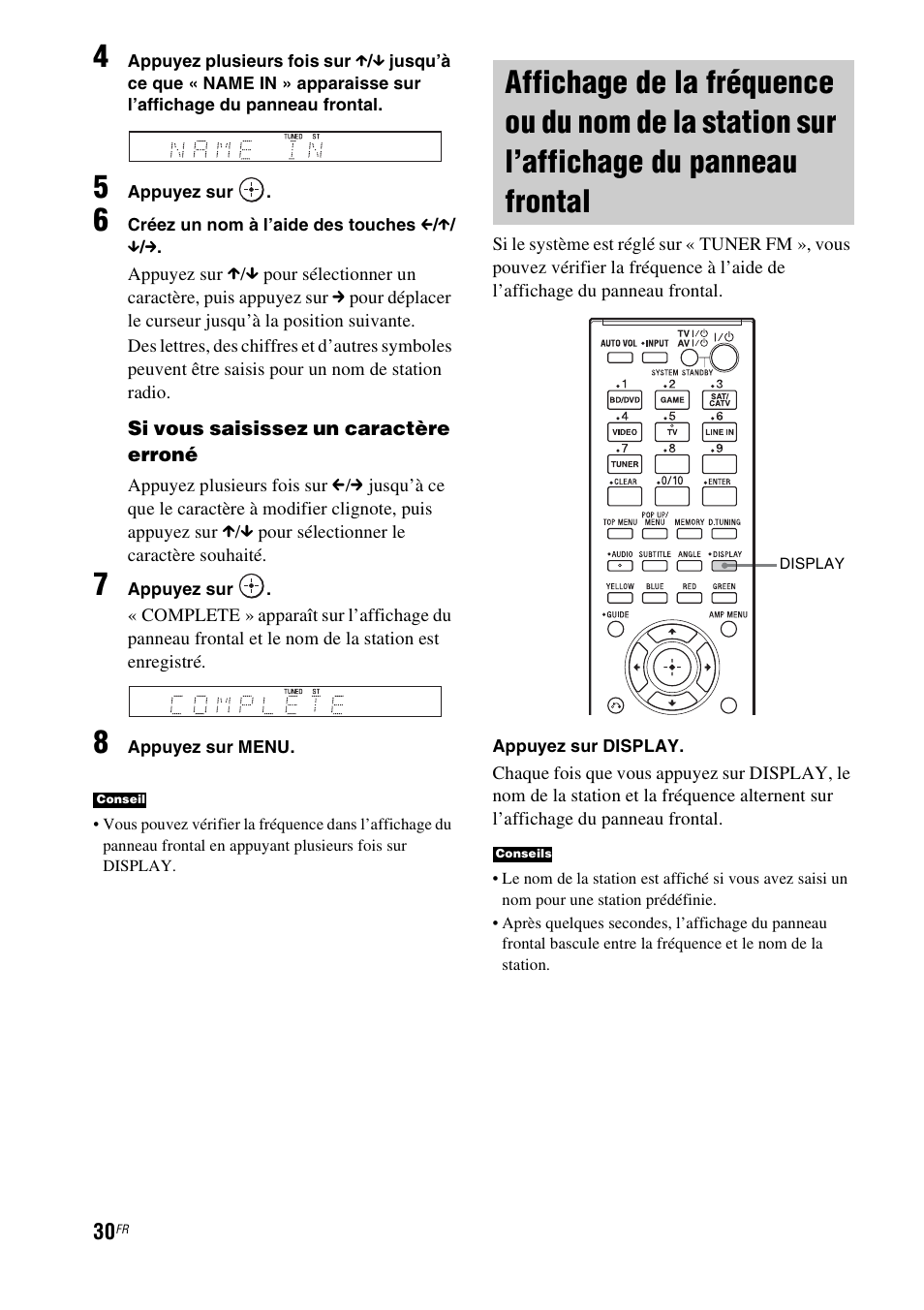 Affichage de la fréquence ou du nom de la, Station sur l’affichage du panneau frontal | Sony HT-CT550W User Manual | Page 76 / 142