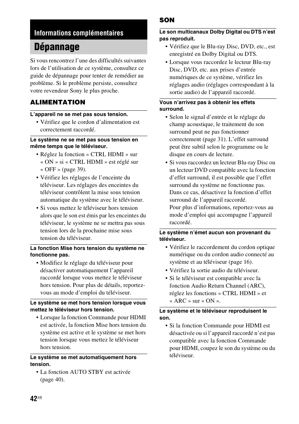 Informations complémentaires, Dépannage | Sony HT-CT550W User Manual | Page 88 / 142