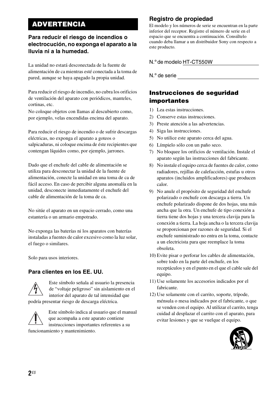 Advertencia | Sony HT-CT550W User Manual | Page 96 / 142