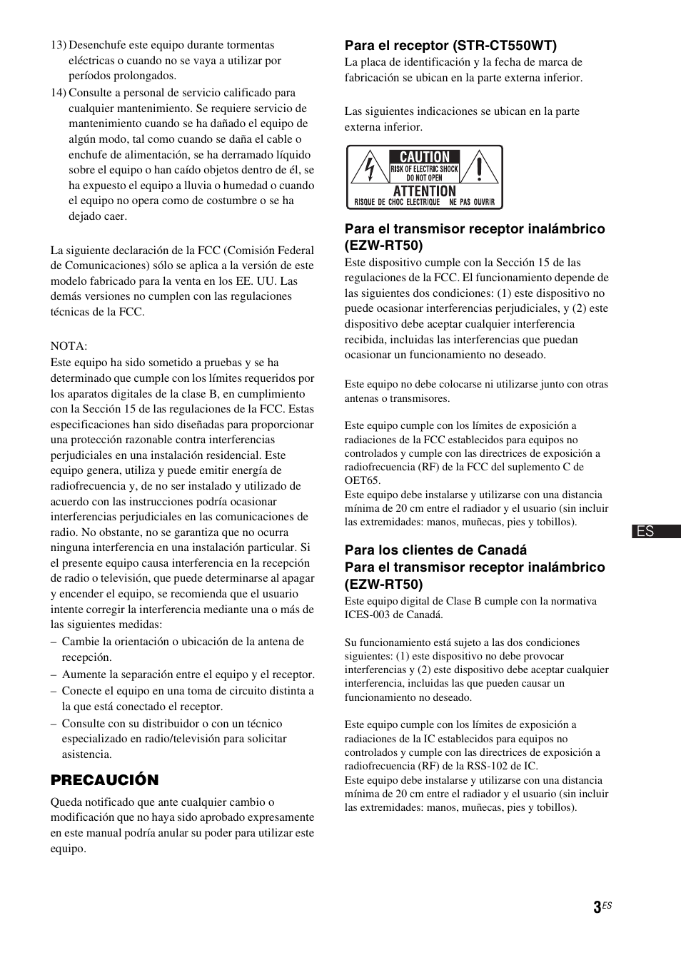 Precaución | Sony HT-CT550W User Manual | Page 97 / 142