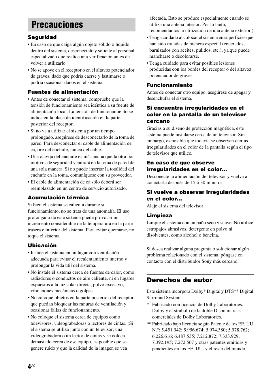Precauciones, Derechos de autor | Sony HT-CT550W User Manual | Page 98 / 142