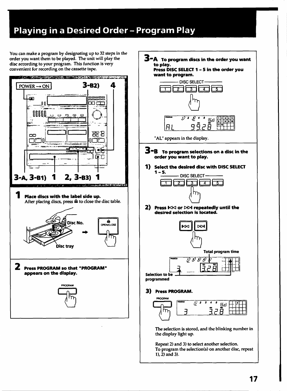 Playing in a desired order - program play, Gg.i?8 11 u, 3 3 3 b | Sony HCD-241 User Manual | Page 17 / 24
