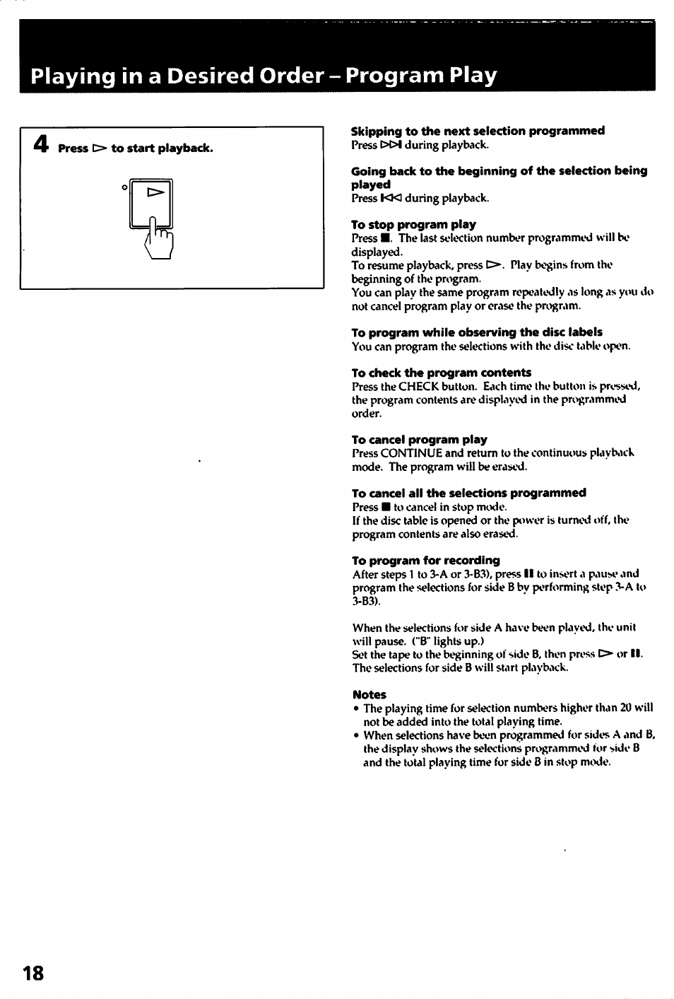 Skipping to the next seiection programmed, To stop program piay, To program whiie observing the disc iabeis | To check the program contents, To cancei program piay, To cancei aii the seiections programmed, To program for recording, Notes, Playing in a desired order ~ program play | Sony HCD-241 User Manual | Page 18 / 24