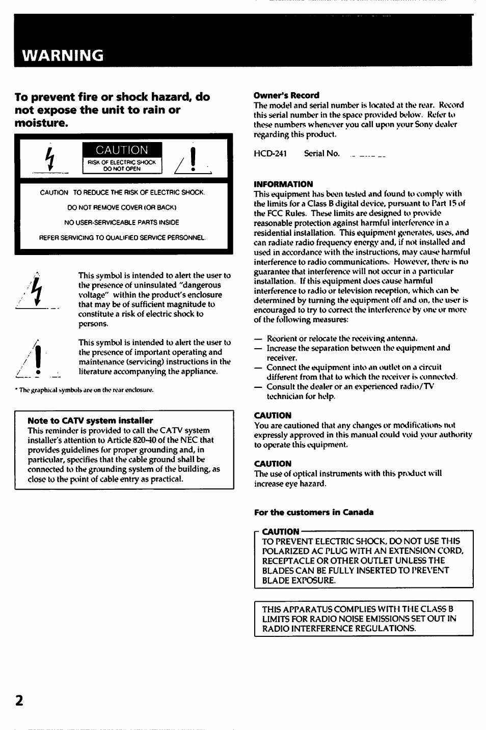 Warning, Note to catv system installer, Owner's record | Information, Caution, For the customers in canada | Sony HCD-241 User Manual | Page 2 / 24