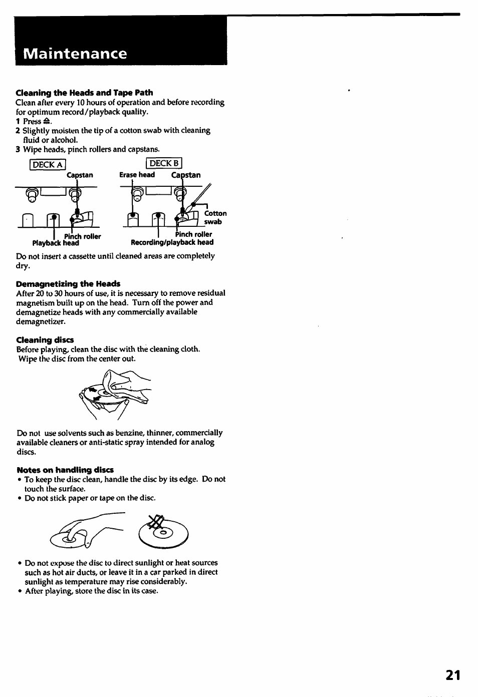 Maintenance, Cleaning the heads and tape path, Playback head recording/playback head | Demagnetizing the heads, Cleaning discs, Notes on handling discs | Sony HCD-241 User Manual | Page 21 / 24