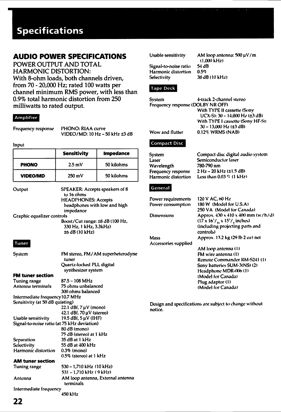 Specifications, Fm tuner section, Am tuner section | Audio power specifications | Sony HCD-241 User Manual | Page 22 / 24