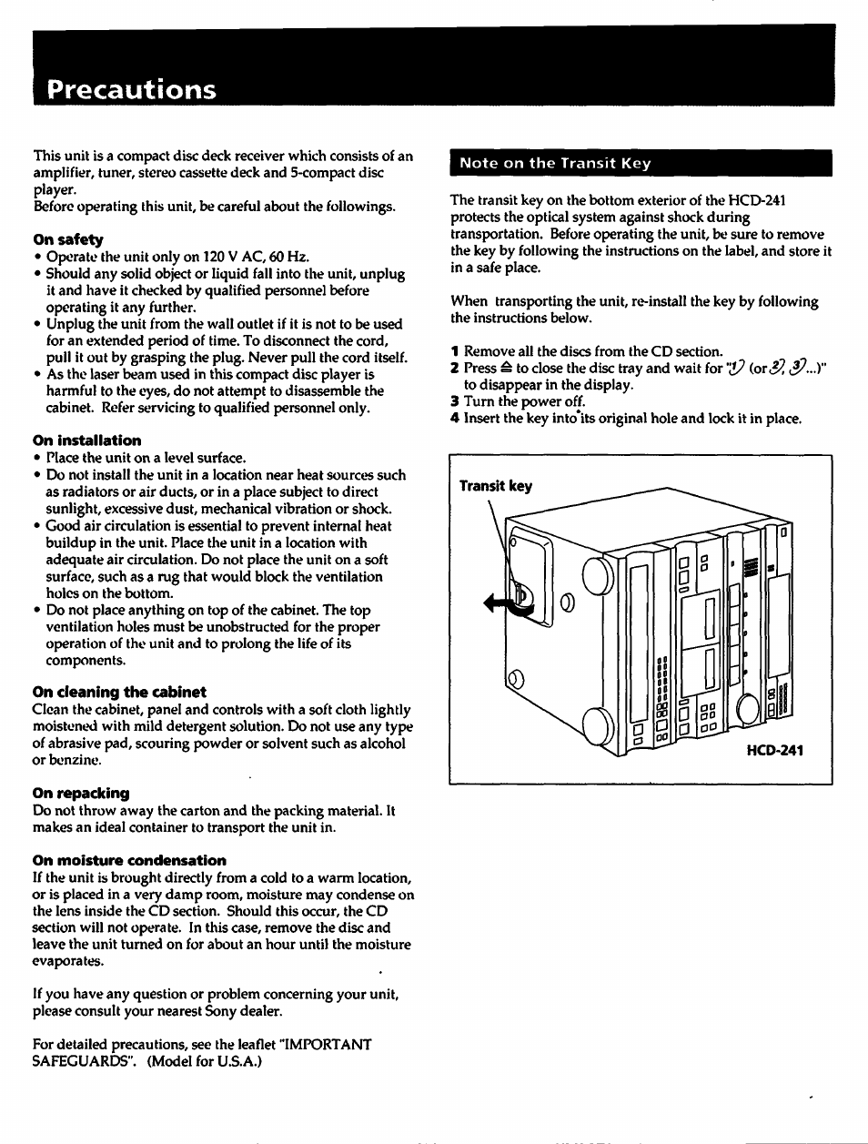 Precautions, On installation, On cleaning the cabinet | On repacking, On moisture condensation | Sony HCD-241 User Manual | Page 3 / 24