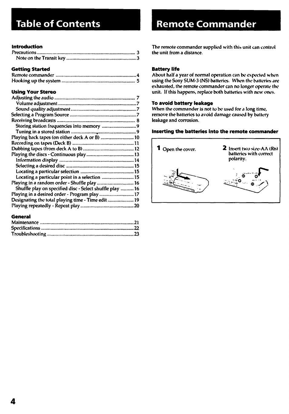 Remote commander, Table of contents remote commander | Sony HCD-241 User Manual | Page 4 / 24