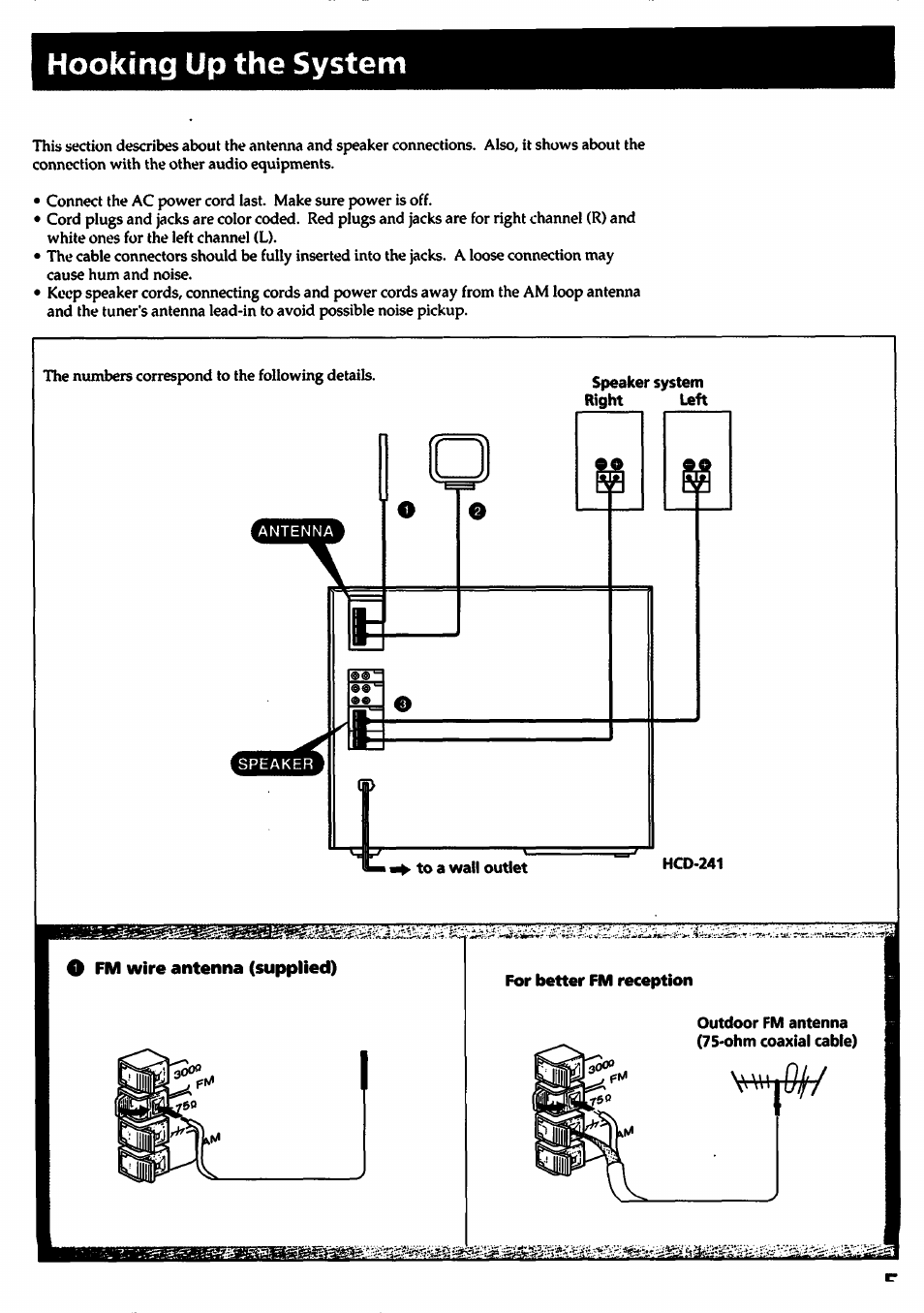 Hooking up the system, Speaker system right left, To a wall outlet | Hcd-241, For better fm reception | Sony HCD-241 User Manual | Page 5 / 24