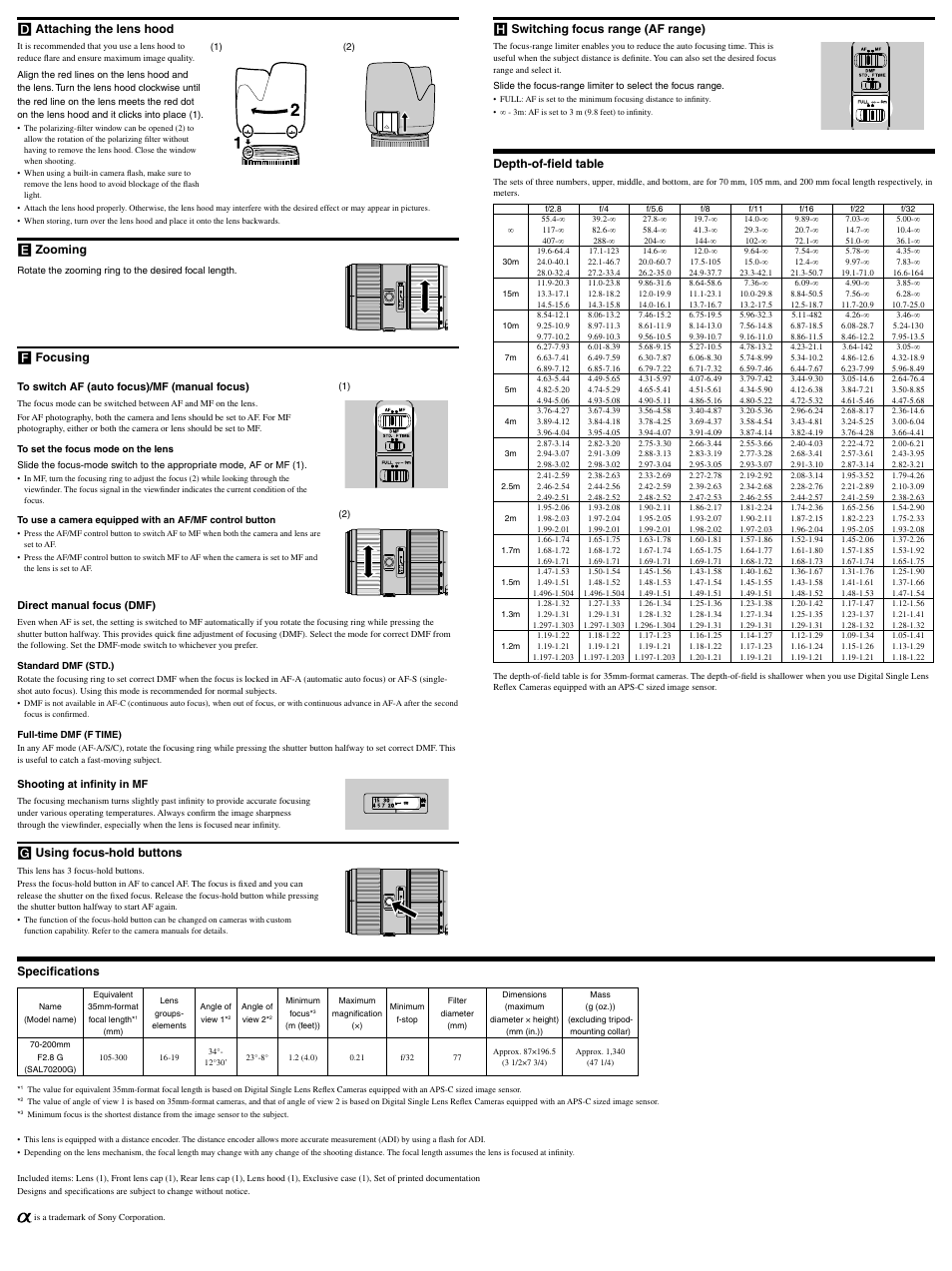 Rear side, Speciﬁcations, Attaching the lens hood | Zooming, Switching focus range (af range), Focusing, Using focus-hold buttons, Depth-of-ﬁeld table | Sony SAL-70200G User Manual | Page 2 / 2