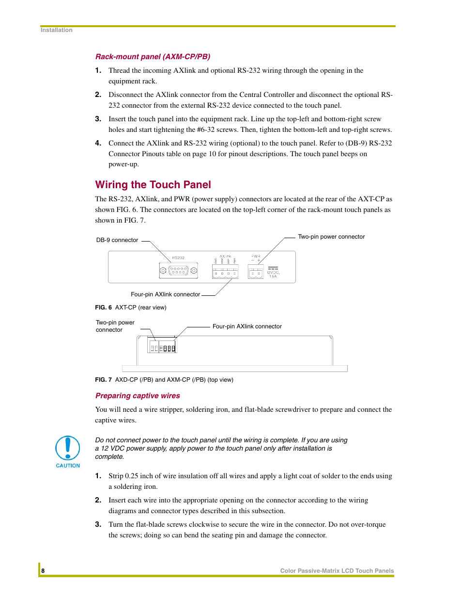 Rack-mount panel (axm-cp/pb), Wiring the touch panel, Preparing captive wires | AMX 8.5" Color Passive LCD Touch Panels User Manual | Page 12 / 52
