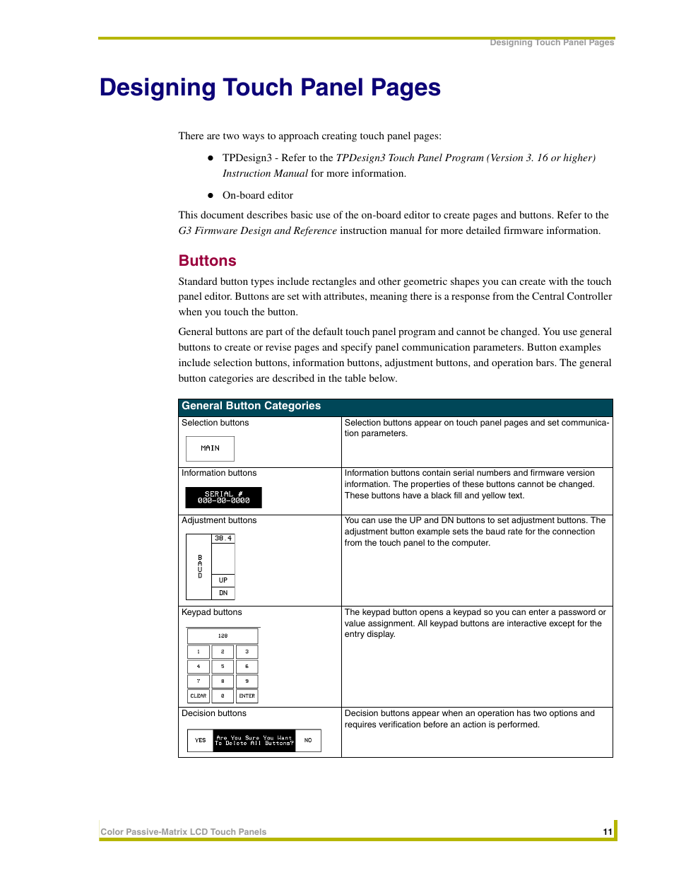 Buttons, Designing touch panel pages | AMX 8.5" Color Passive LCD Touch Panels User Manual | Page 15 / 52