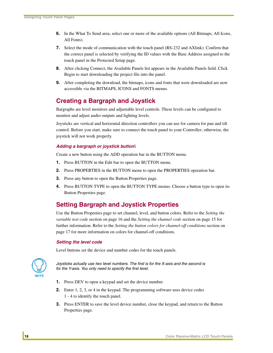 Creating a bargraph and joystick, Adding a bargraph or joystick button, Setting bargraph and joystick properties | Setting the level code | AMX 8.5" Color Passive LCD Touch Panels User Manual | Page 22 / 52