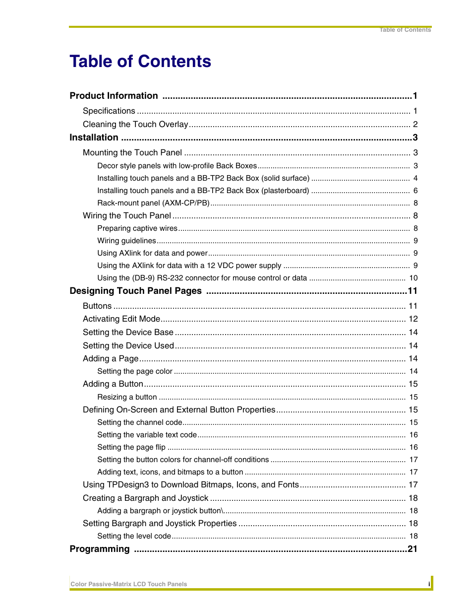 AMX 8.5" Color Passive LCD Touch Panels User Manual | Page 3 / 52