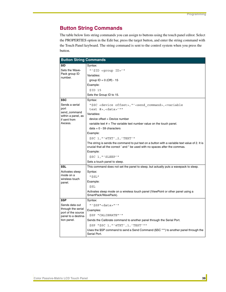 Button string commands | AMX 8.5" Color Passive LCD Touch Panels User Manual | Page 43 / 52