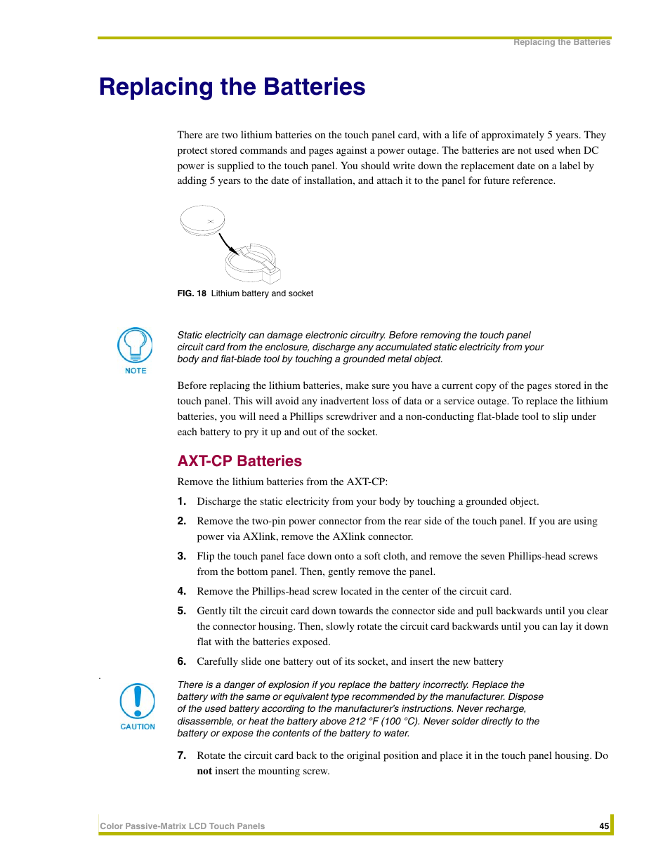 Replacing the batteries, Axt-cp batteries | AMX 8.5" Color Passive LCD Touch Panels User Manual | Page 49 / 52