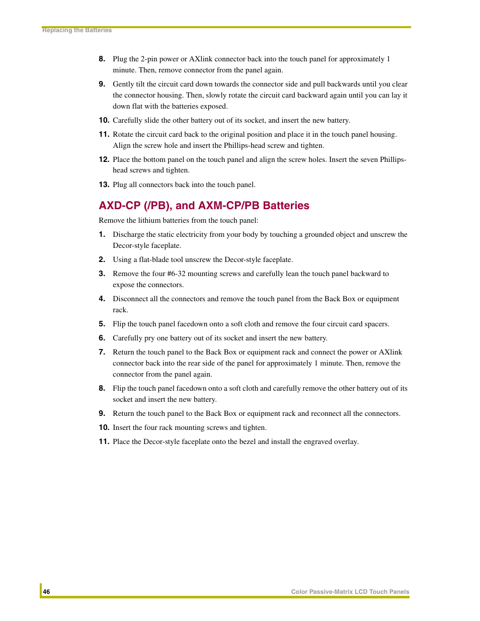 Axd-cp (/pb), and axm-cp/pb batteries | AMX 8.5" Color Passive LCD Touch Panels User Manual | Page 50 / 52