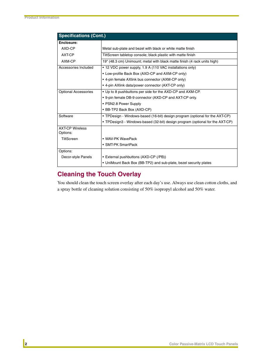 Cleaning the touch overlay | AMX 8.5" Color Passive LCD Touch Panels User Manual | Page 6 / 52