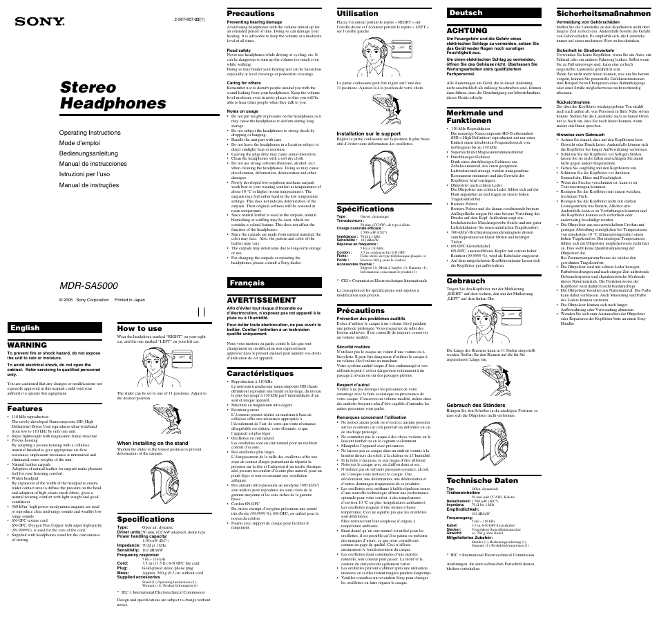 Sony MDR-SA5000 User Manual | 2 pages