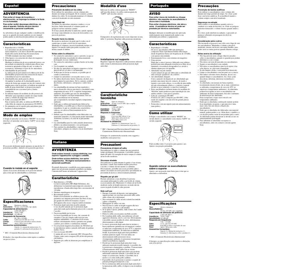 Español advertencia, Características, Modo de empleo | Especificaciones, Italiano avvertenza, Caratteristiche, Português aviso, Como utilizar, Especificações, Precauciones | Sony MDR-SA5000 User Manual | Page 2 / 2