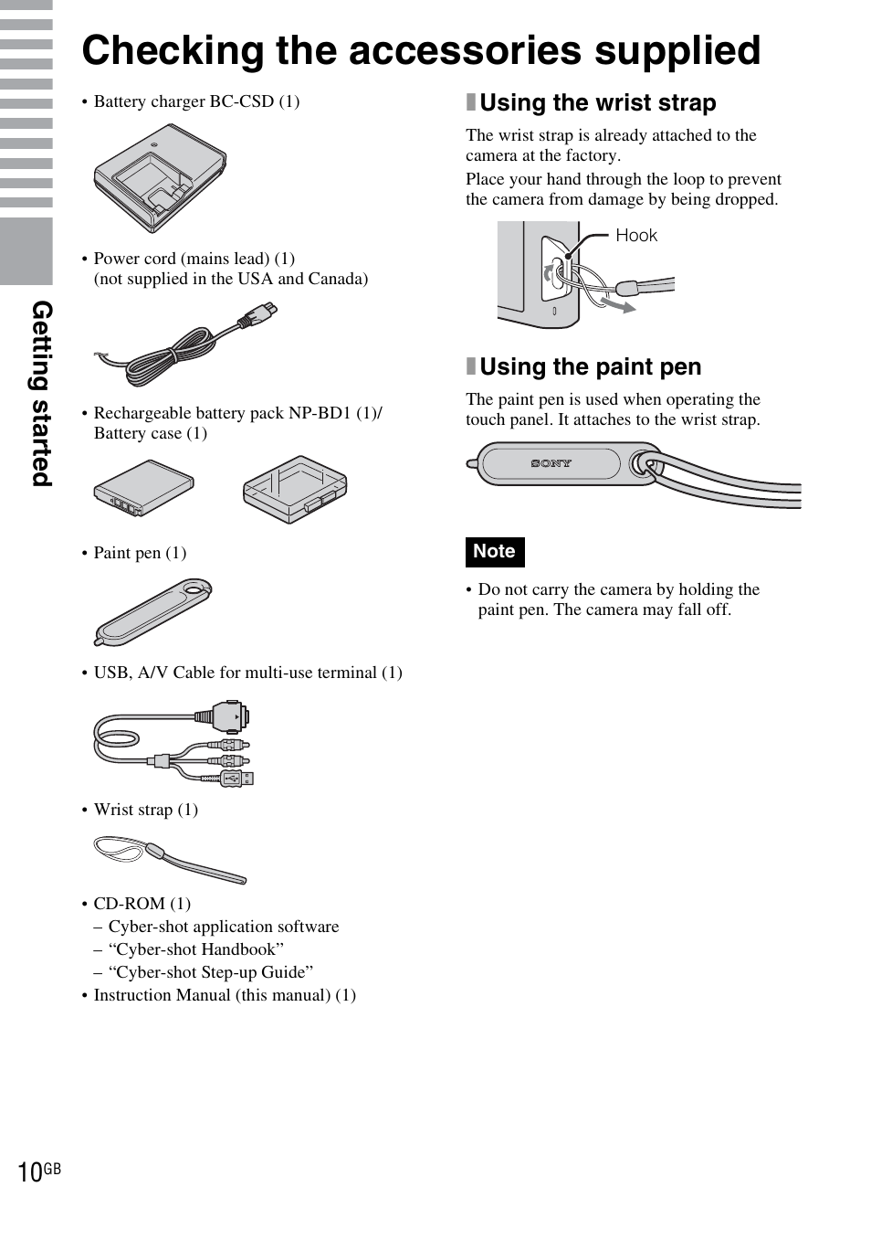 Getting started, Checking the accessories supplied, Get ting st art e d | Xusing the wrist strap, Xusing the paint pen | Sony DSC-TX1 User Manual | Page 10 / 116