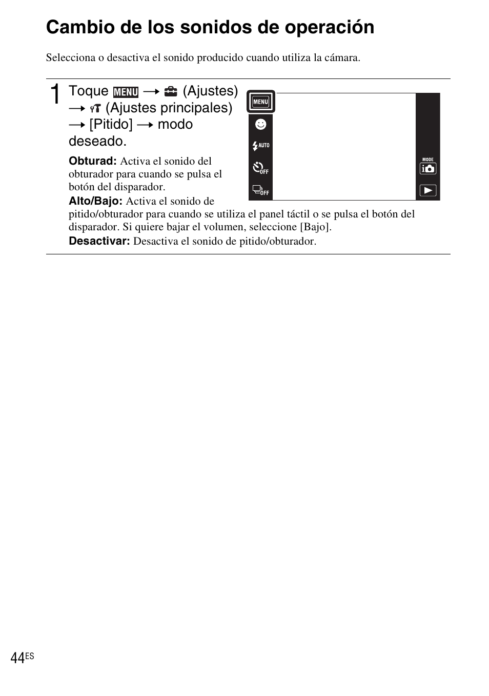 Cambio de los ajustes de la cámara, Cambio de los sonidos de operación | Sony DSC-TX1 User Manual | Page 102 / 116