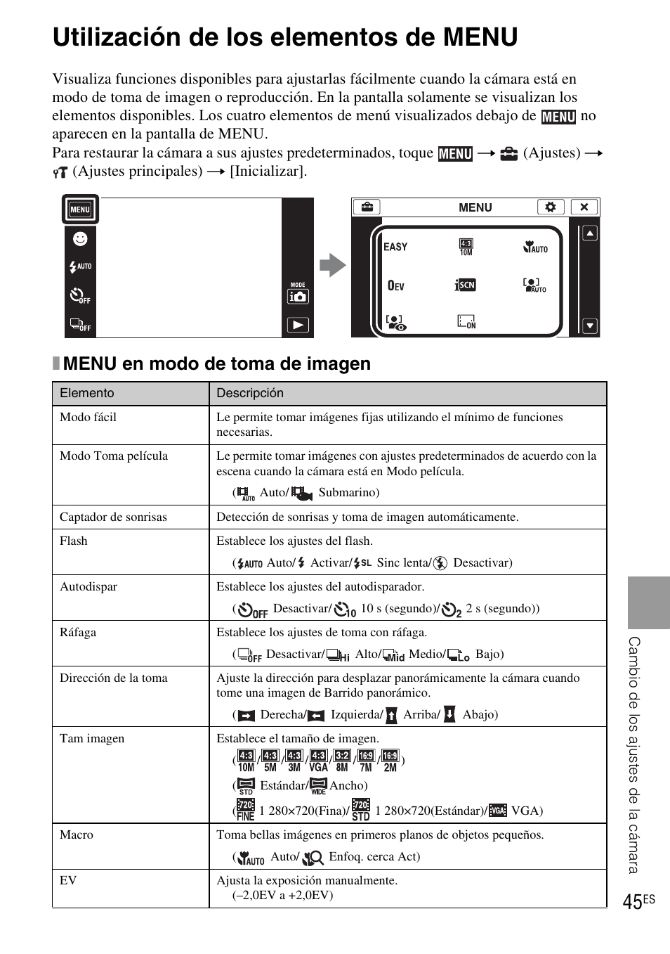 Utilización de los elementos de menu, Xmenu en modo de toma de imagen | Sony DSC-TX1 User Manual | Page 103 / 116