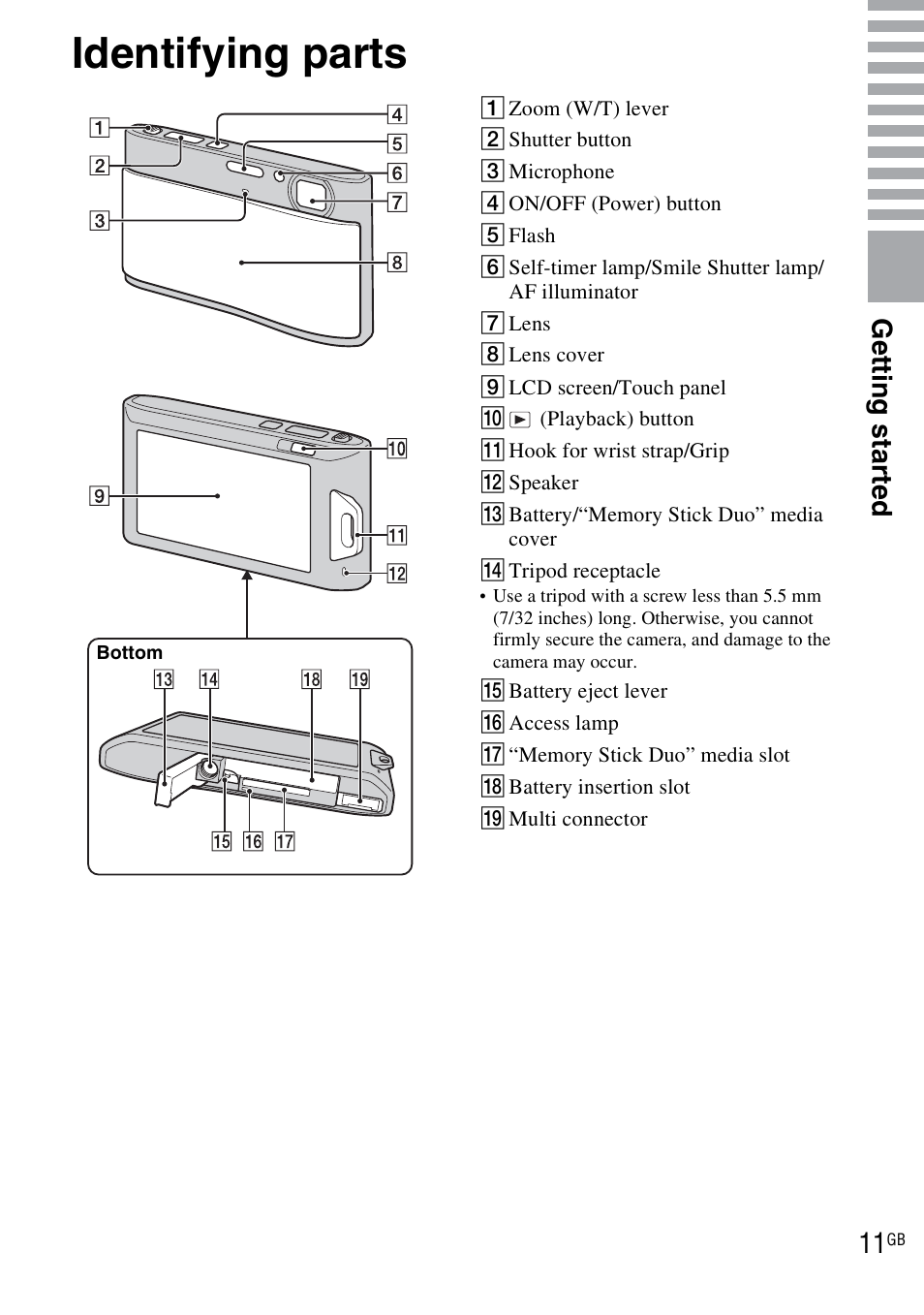 Identifying parts, Get ting st art e d | Sony DSC-TX1 User Manual | Page 11 / 116