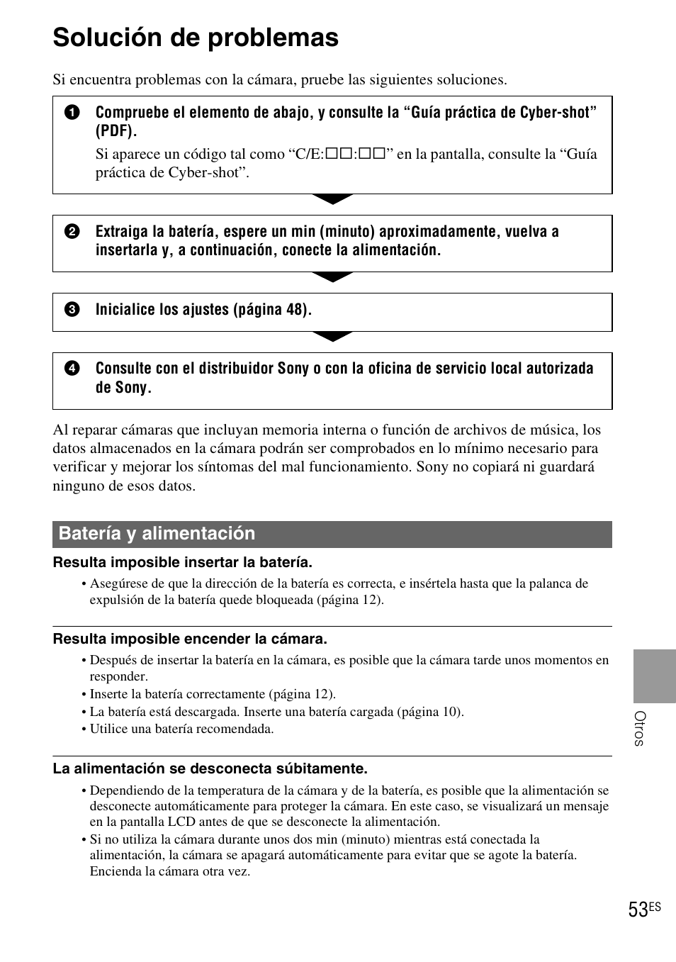 Solución de problemas, Batería y alimentación | Sony DSC-TX1 User Manual | Page 111 / 116