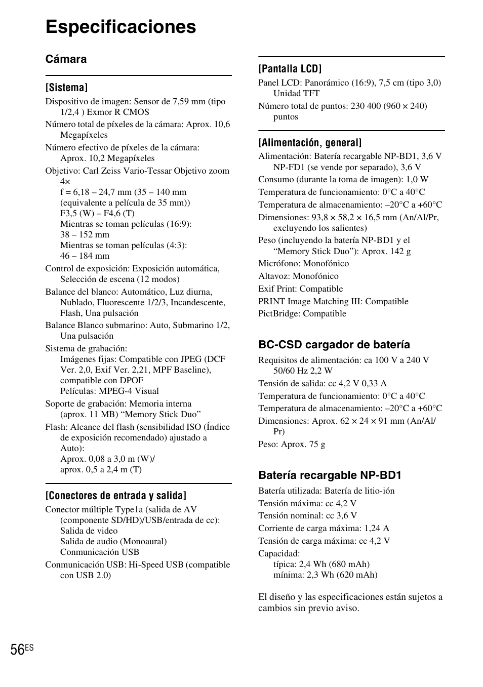 Especificaciones | Sony DSC-TX1 User Manual | Page 114 / 116