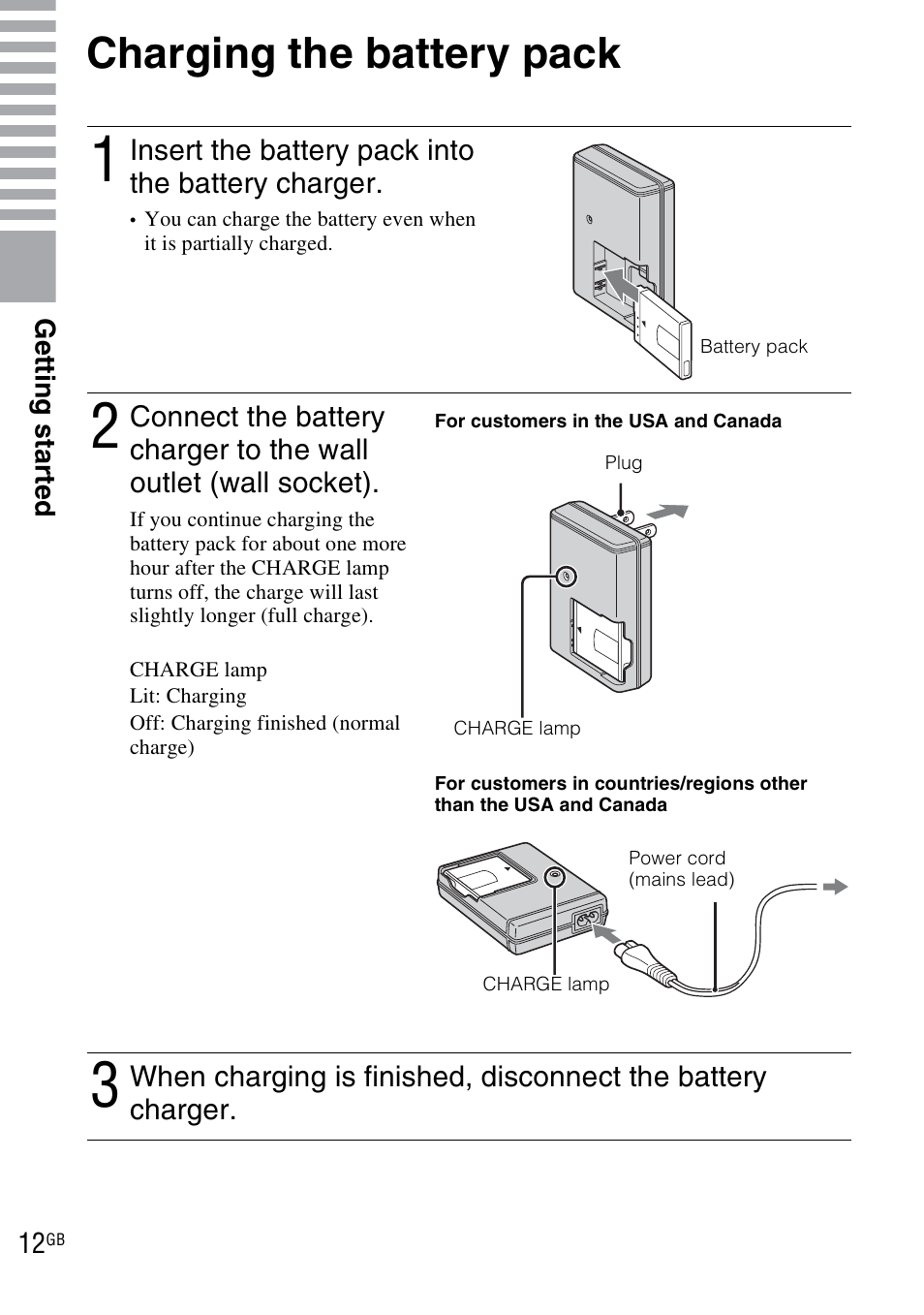 Charging the battery pack | Sony DSC-TX1 User Manual | Page 12 / 116