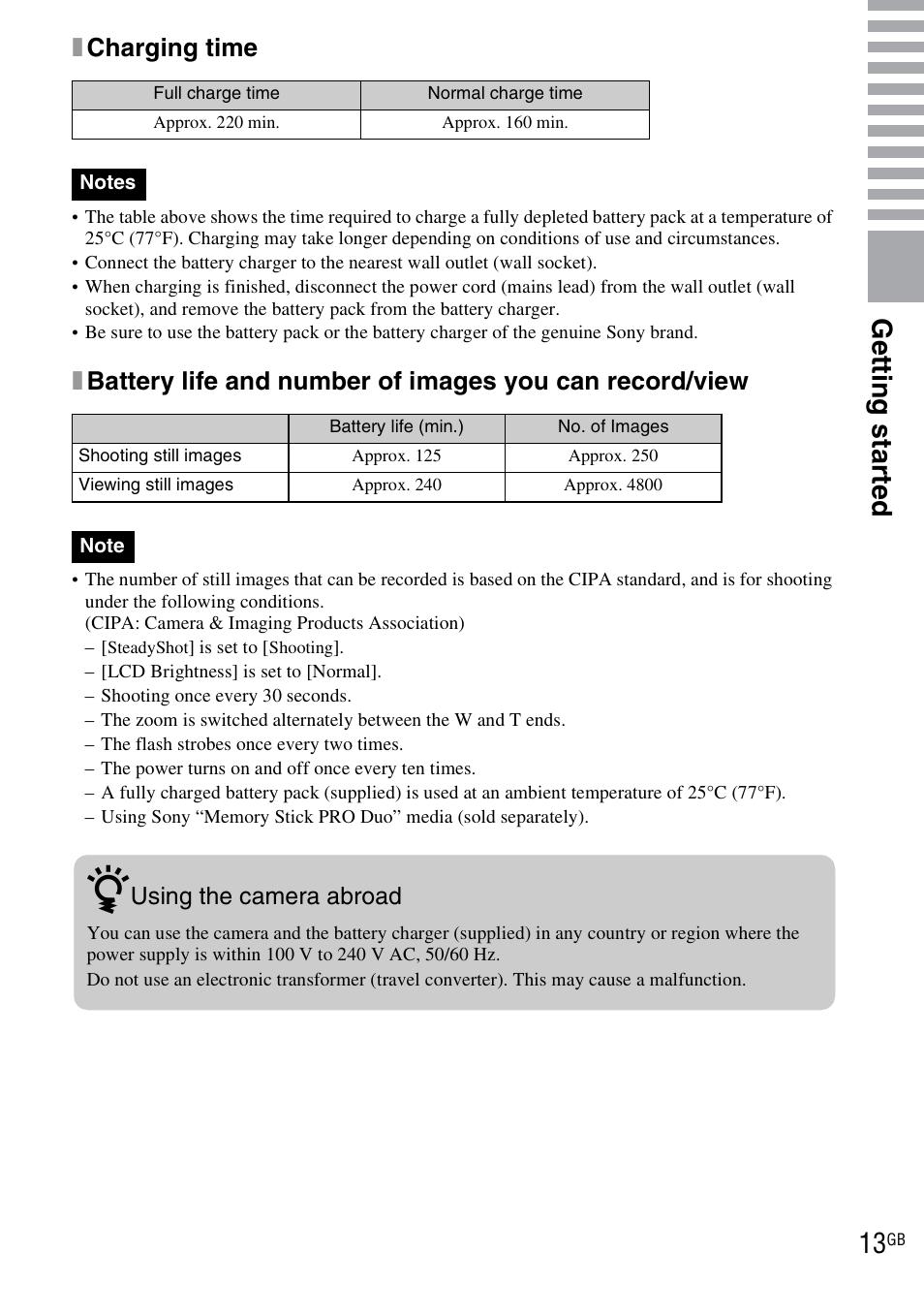 Get ting st art e d, Xcharging time | Sony DSC-TX1 User Manual | Page 13 / 116