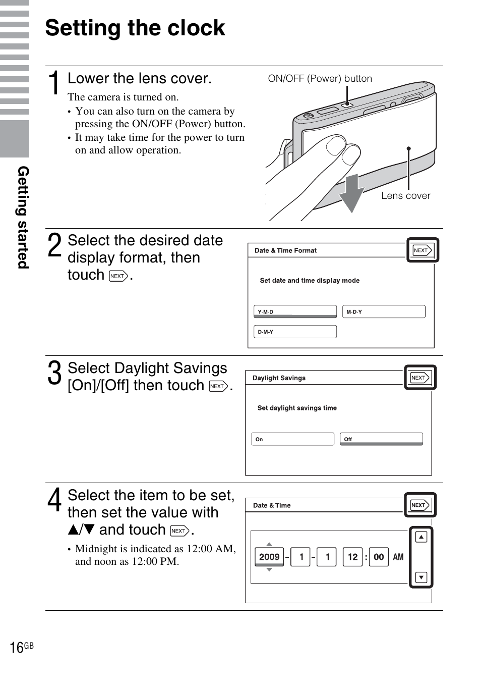 Setting the clock | Sony DSC-TX1 User Manual | Page 16 / 116