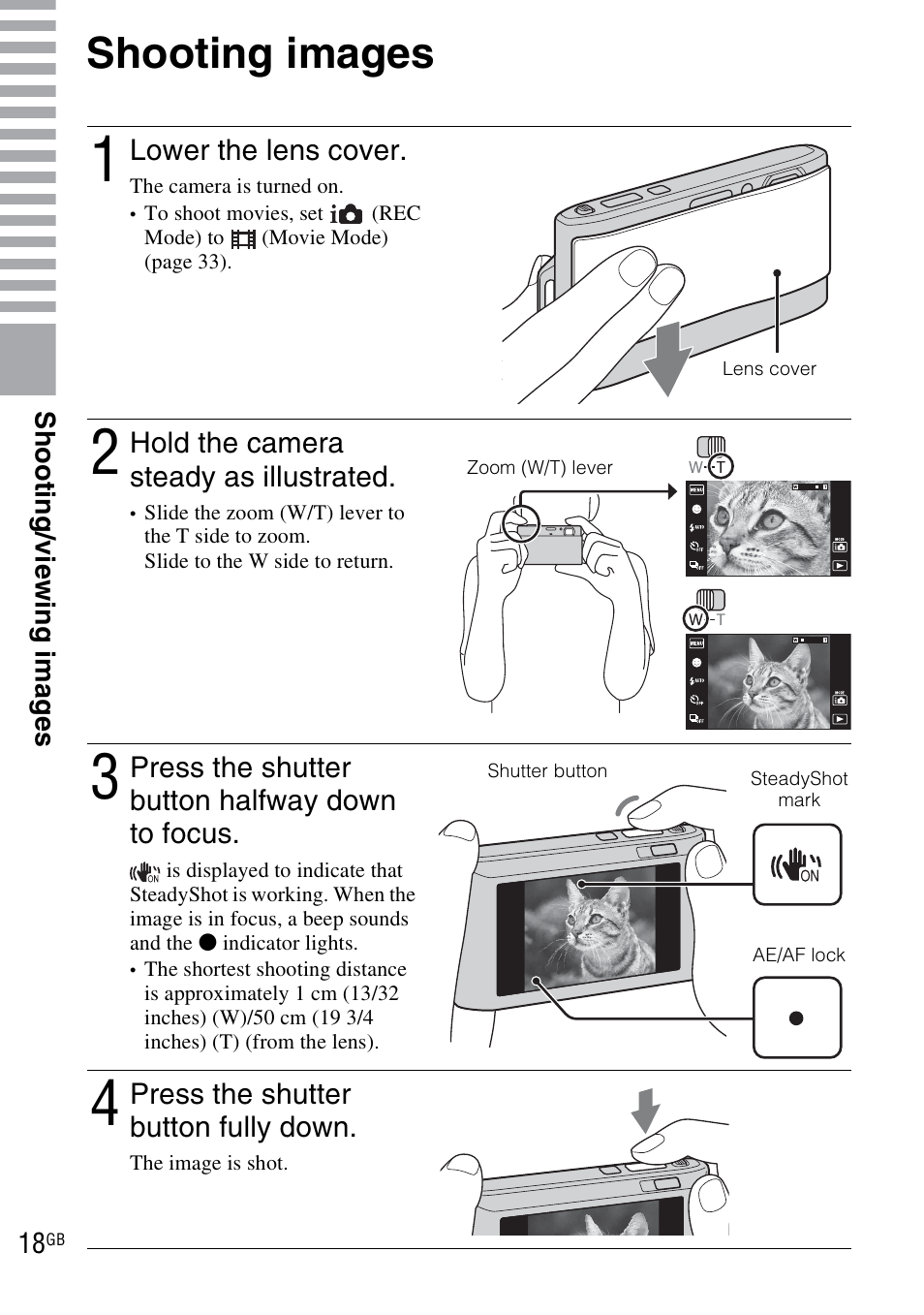 Shooting/viewing images, Shooting images | Sony DSC-TX1 User Manual | Page 18 / 116