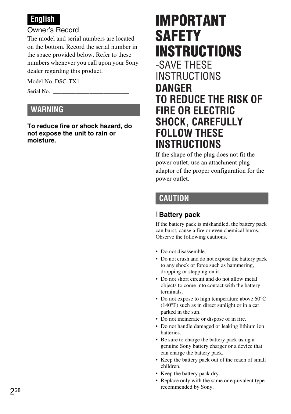 English, English warning caution | Sony DSC-TX1 User Manual | Page 2 / 116