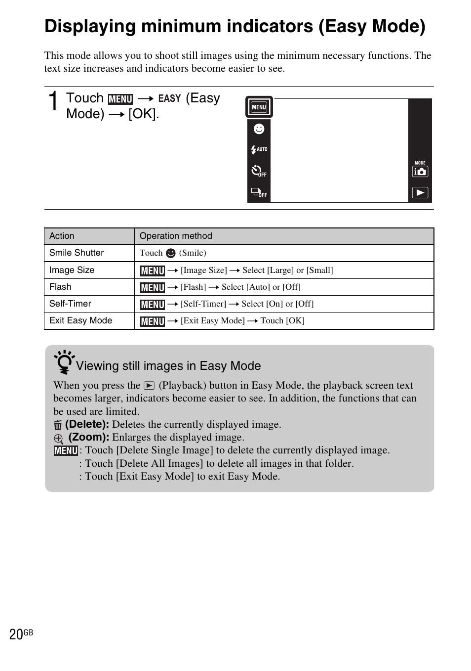 Using shooting functions, Displaying minimum indicators (easy mode), Touch t (easy mode) t [ok | Sony DSC-TX1 User Manual | Page 20 / 116