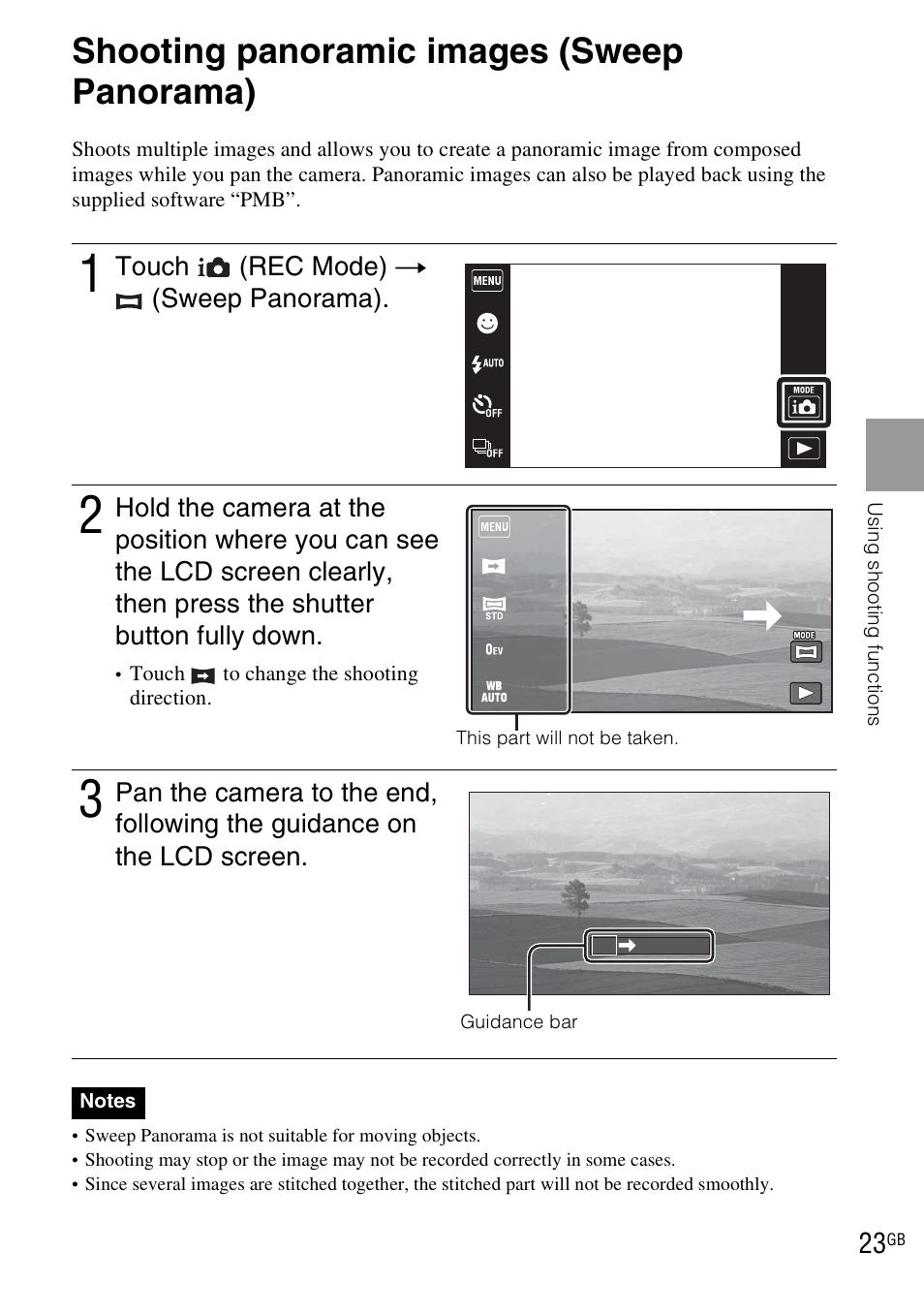 Shooting panoramic images (sweep panorama) | Sony DSC-TX1 User Manual | Page 23 / 116