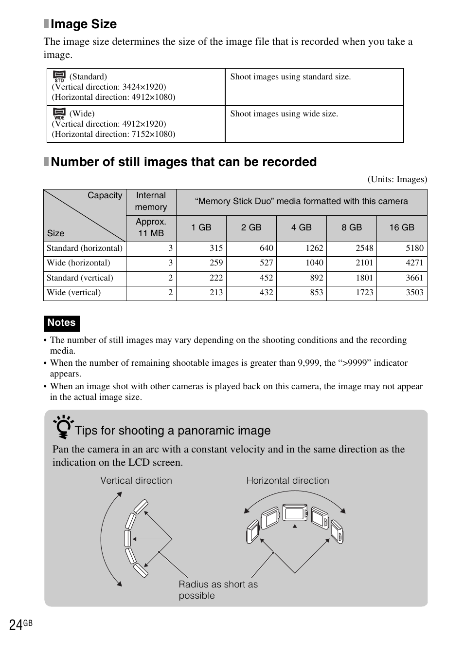Ximage size, Xnumber of still images that can be recorded, Tips for shooting a panoramic image | Sony DSC-TX1 User Manual | Page 24 / 116