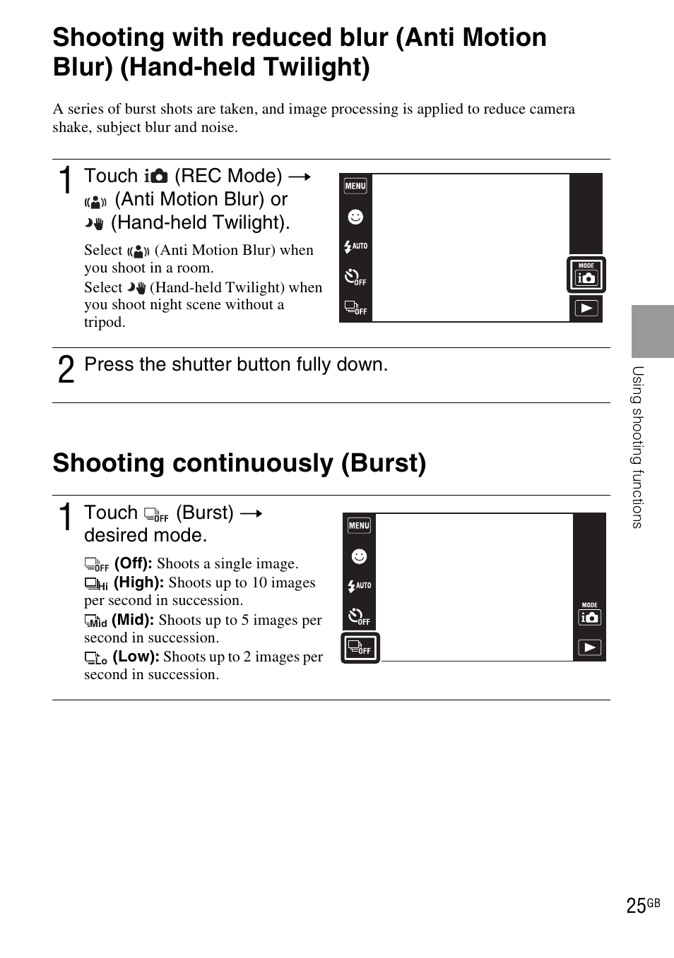 Shooting continuously (burst) | Sony DSC-TX1 User Manual | Page 25 / 116