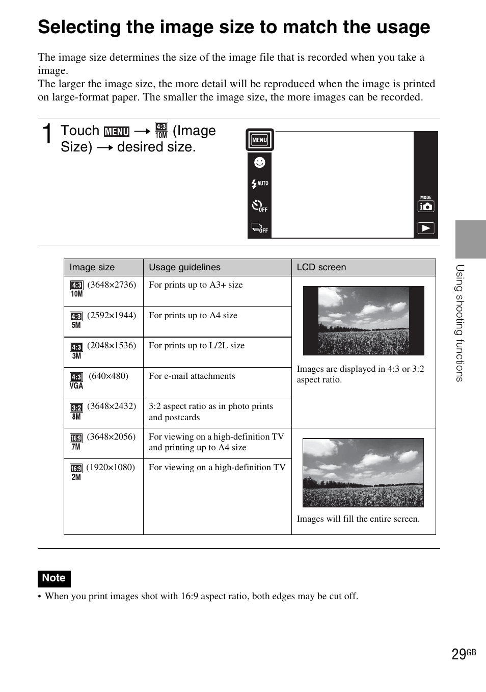 Selecting the image size to match the usage, Touch t (image size) t desired size | Sony DSC-TX1 User Manual | Page 29 / 116