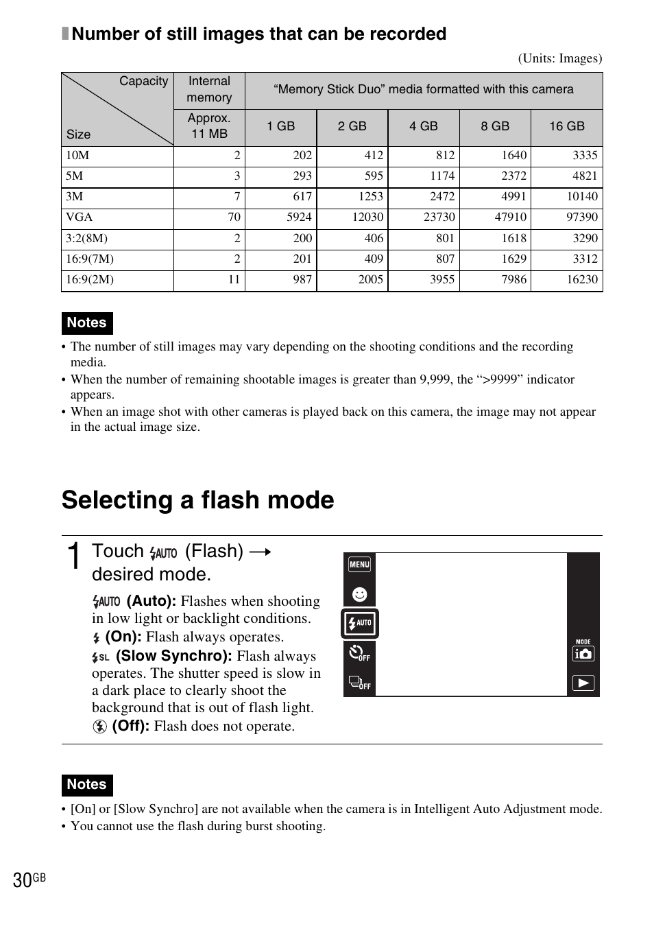 Selecting a flash mode, Touch (flash) t desired mode, Xnumber of still images that can be recorded | Sony DSC-TX1 User Manual | Page 30 / 116