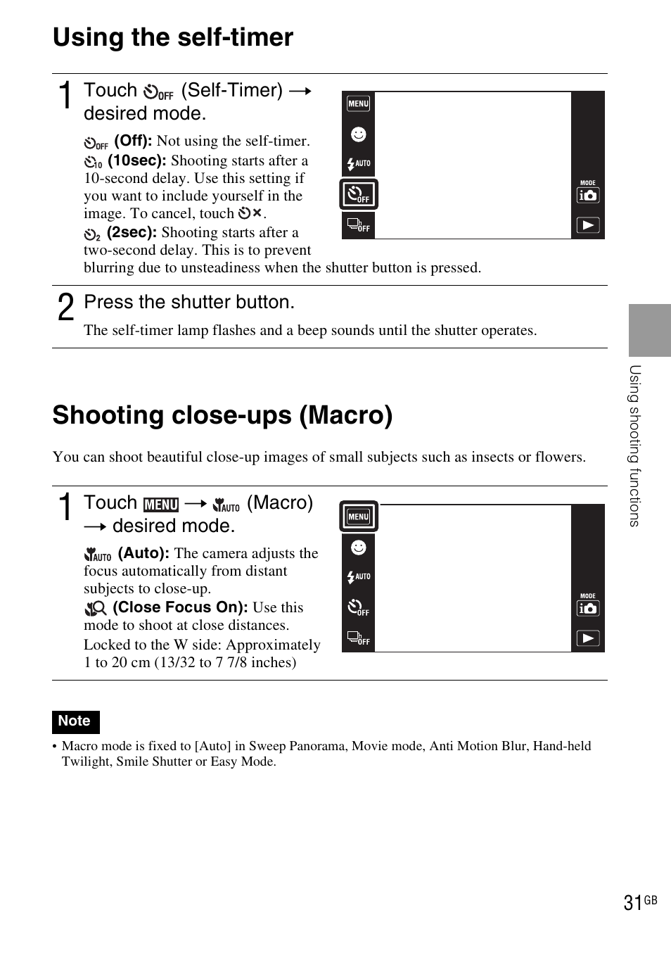 Using the self-timer, Shooting close-ups (macro), Using the self-timer shooting close-ups (macro) | Sony DSC-TX1 User Manual | Page 31 / 116