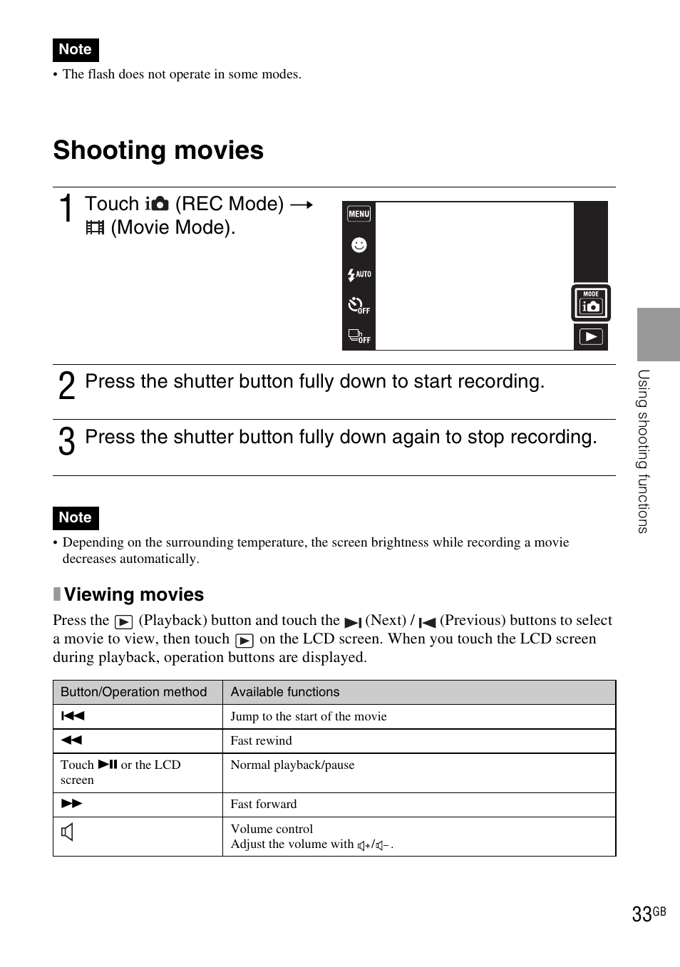 Shooting movies, Touch (rec mode) t (movie mode) | Sony DSC-TX1 User Manual | Page 33 / 116